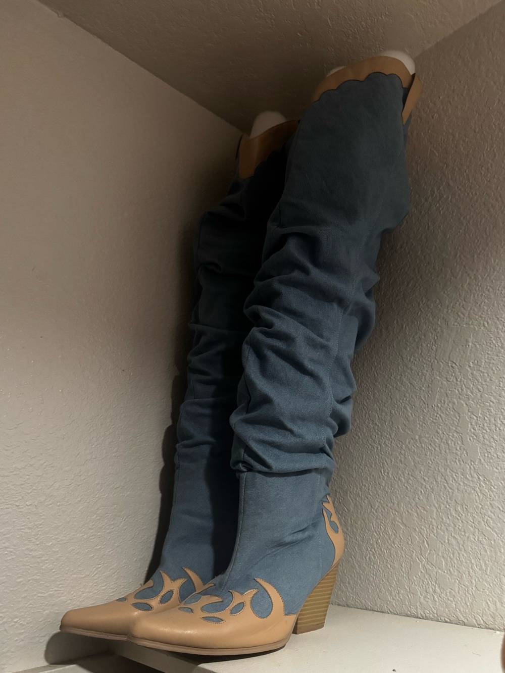 Cape Robbin Blue Over-the-Knee Slouch Boots with Tan Accent